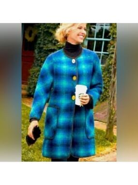 Soft Surroundings Blue Bouclé Plaid Longline Coat Metal Toggle XS EUC